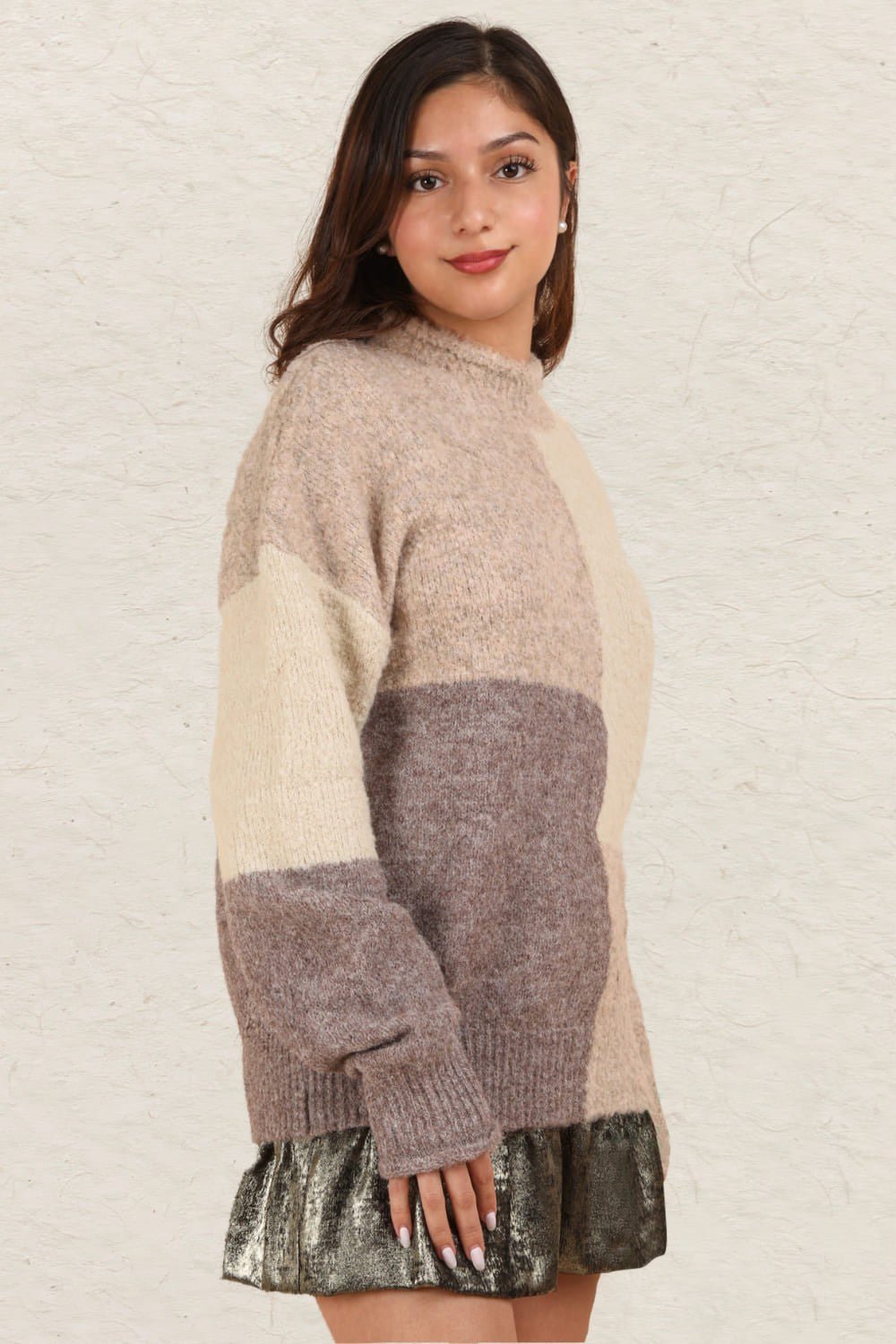 Very J - Color Block Mock Neck Sweater in Cream