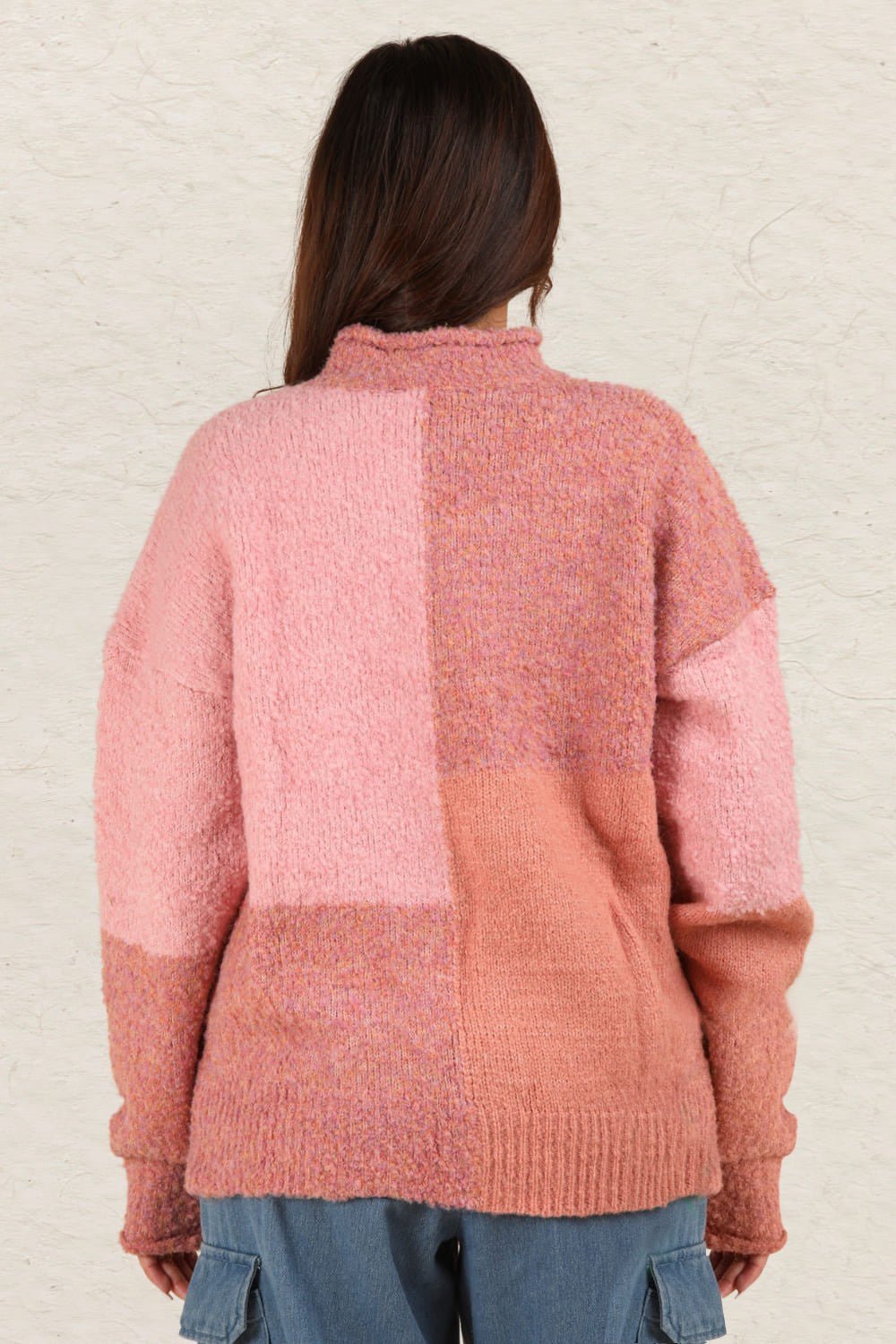 Very J - Color Block Mock Neck Sweater in Pink