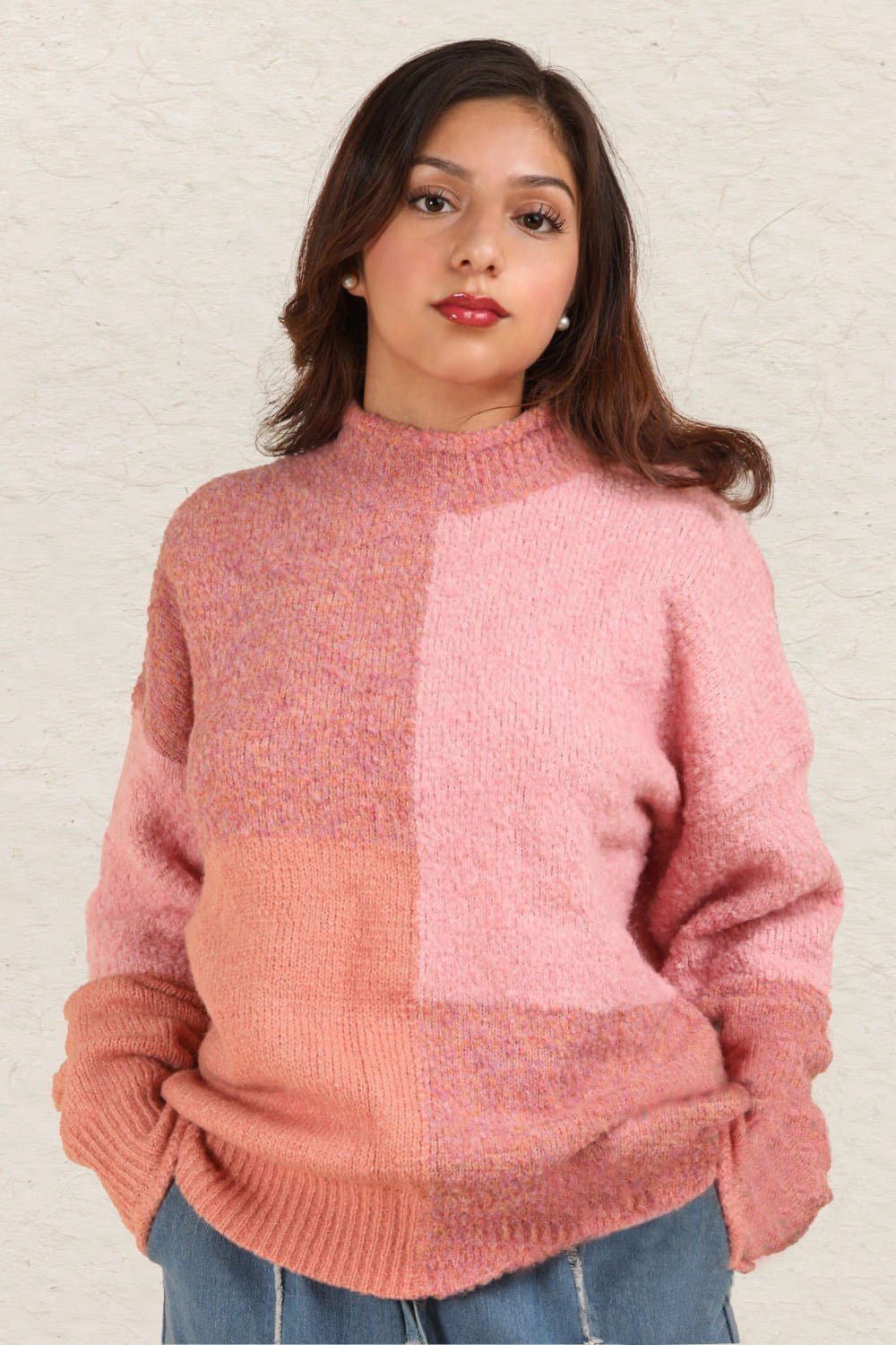 Very J - Color Block Mock Neck Sweater in Pink