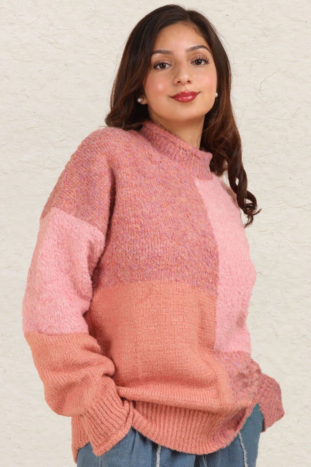 Very J - Color Block Mock Neck Sweater in Pink