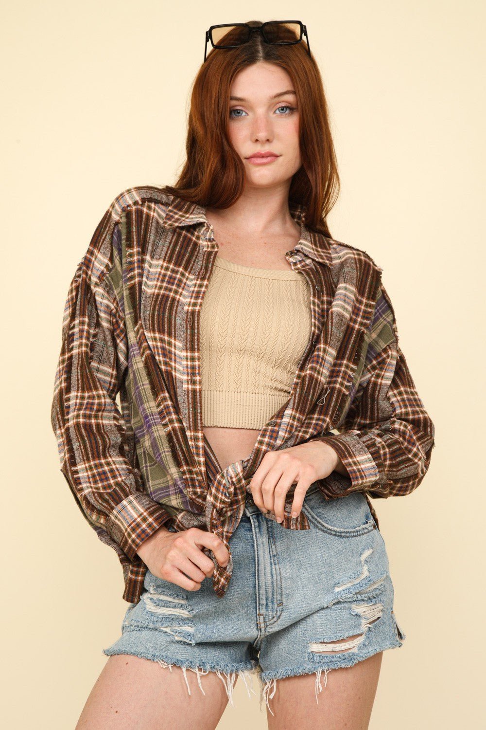 Very J - Contrast Plaid Raw Detail Shirt in Mocha