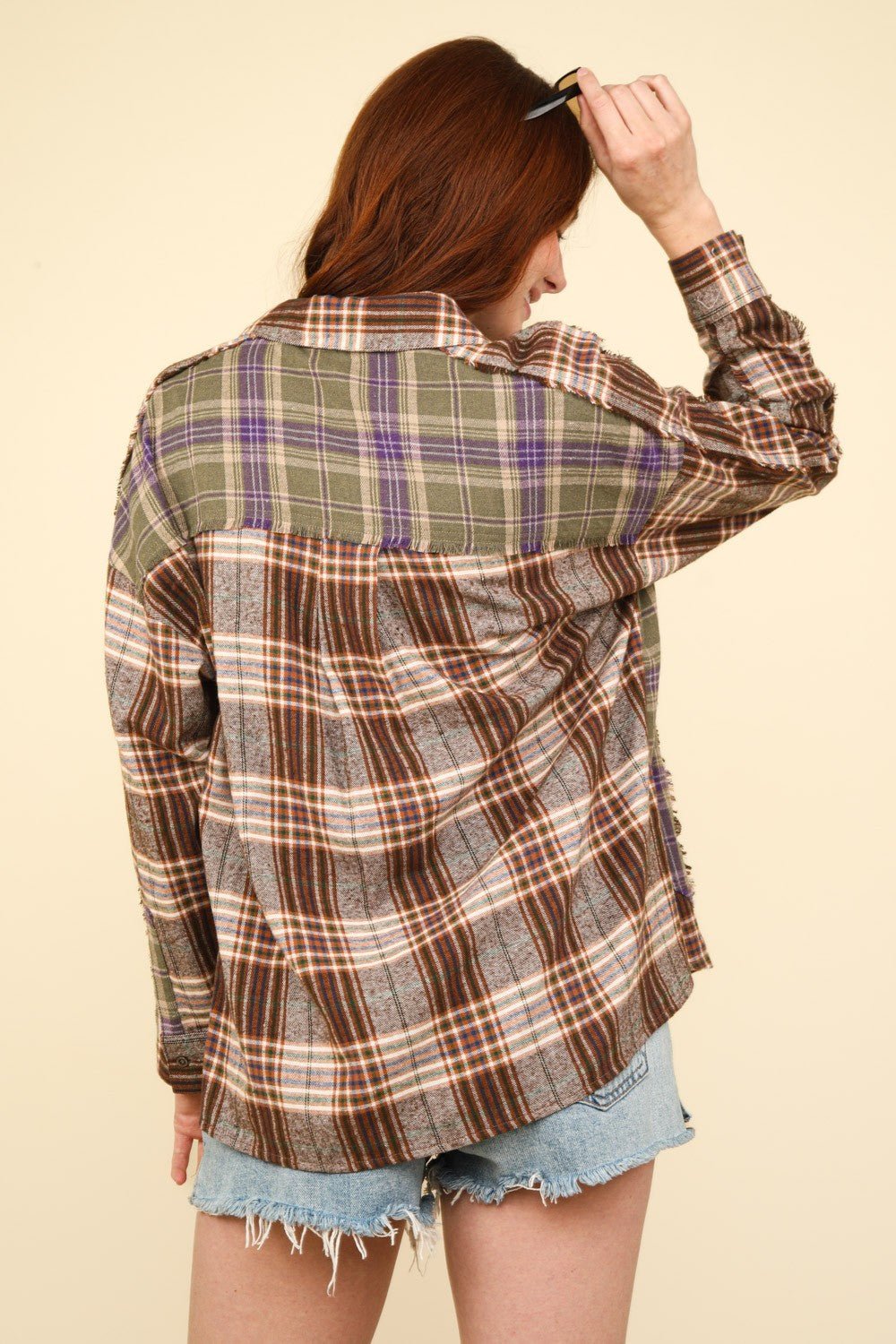 Very J - Contrast Plaid Raw Detail Shirt in Mocha