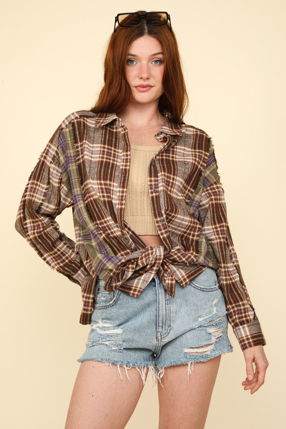 Very J - Contrast Plaid Raw Detail Shirt in Mocha