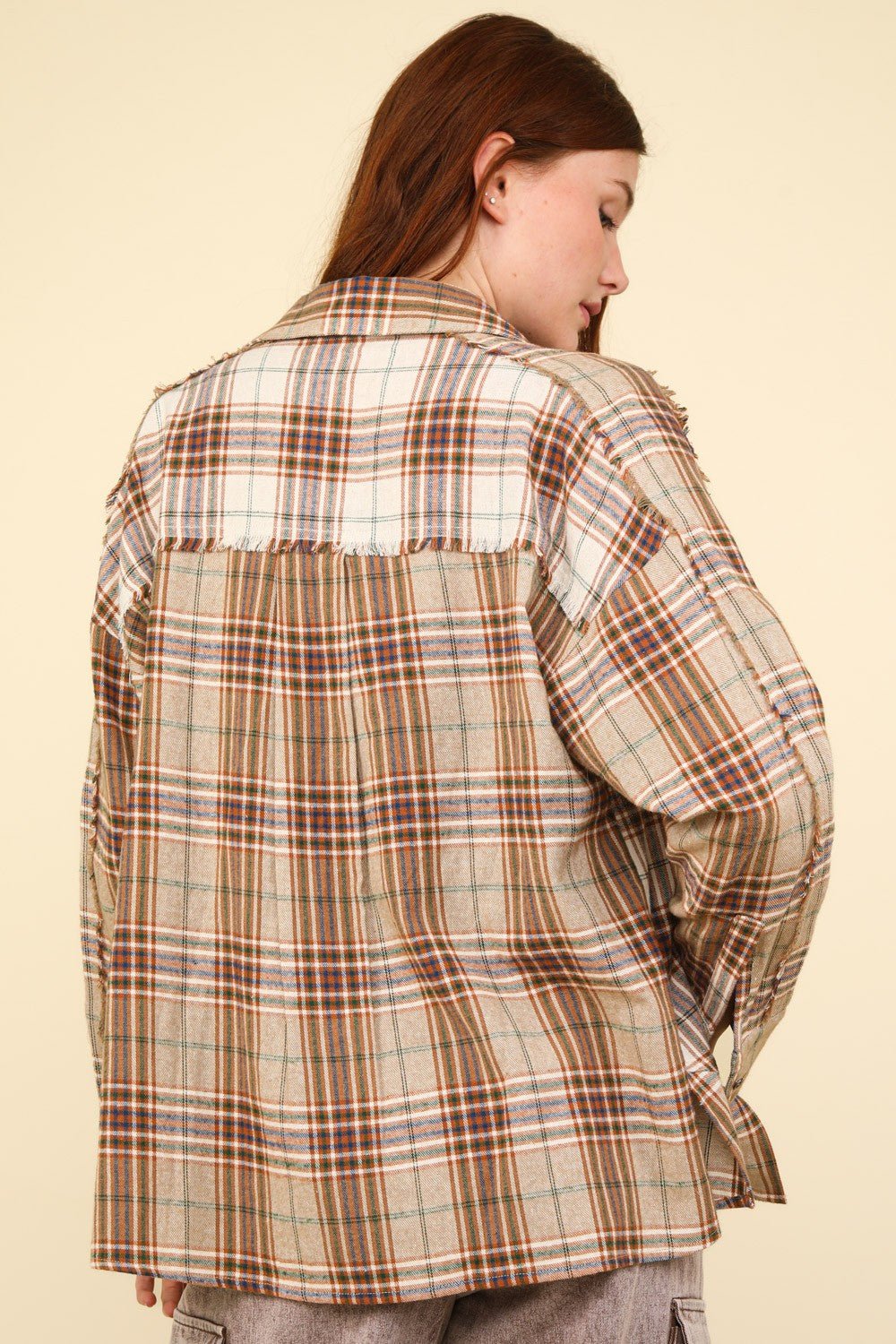 Very J - Contrast Plaid Raw Seams Shirt in Taupe