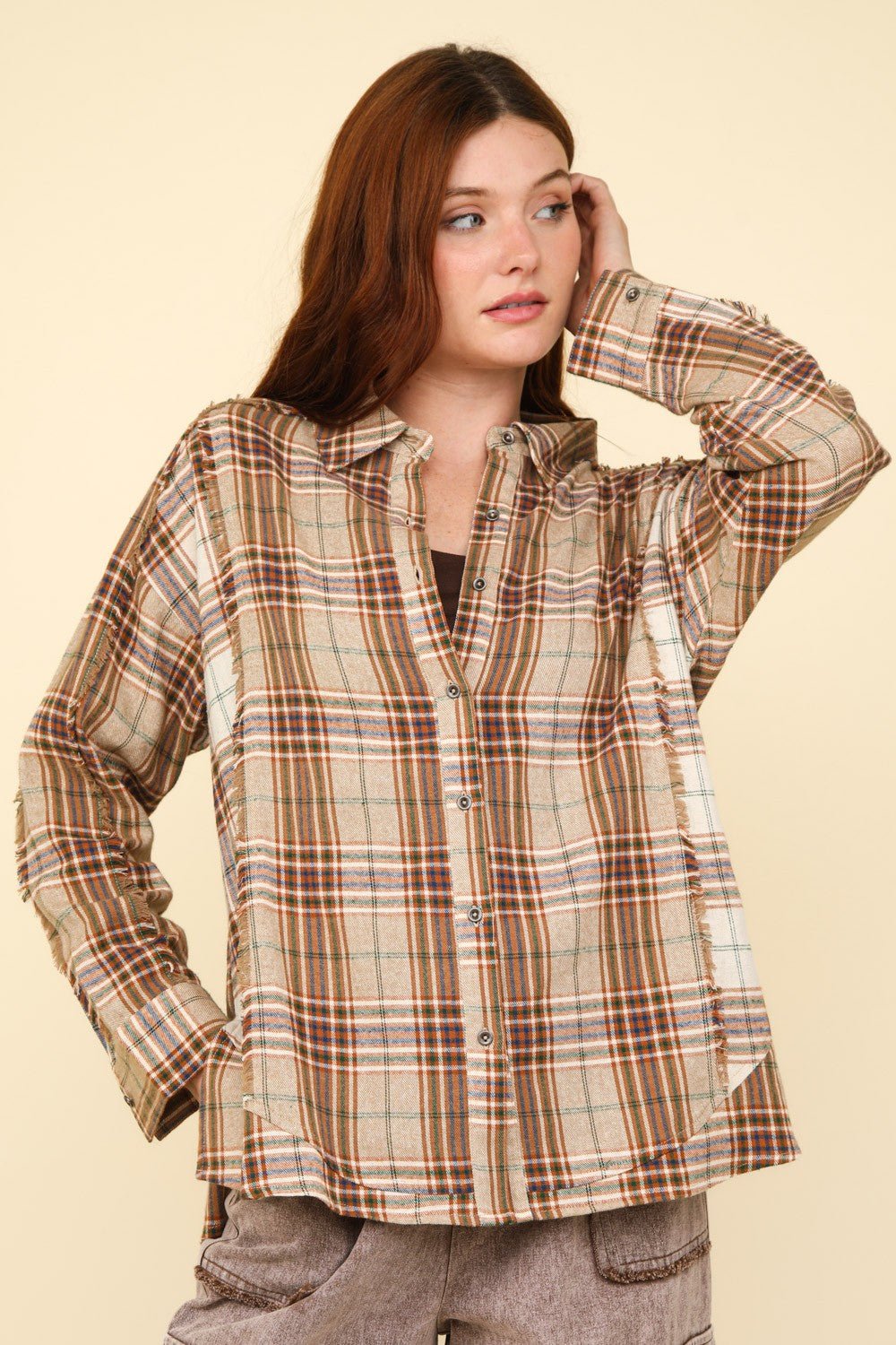 Very J - Contrast Plaid Raw Seams Shirt in Taupe