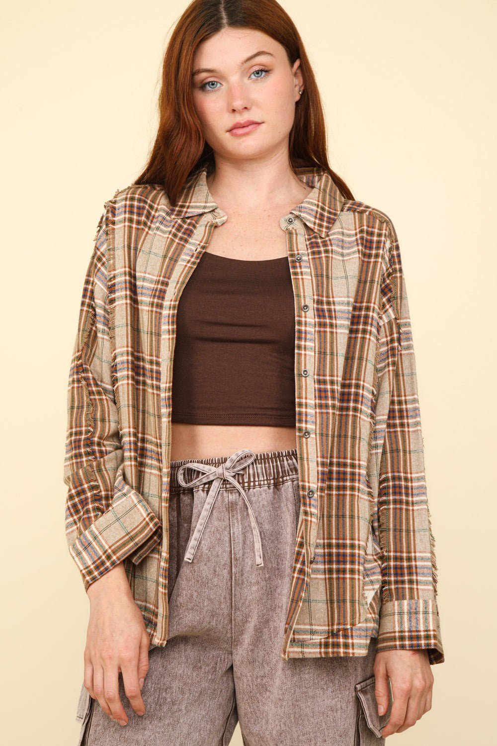 Very J - Contrast Plaid Raw Seams Shirt in Taupe