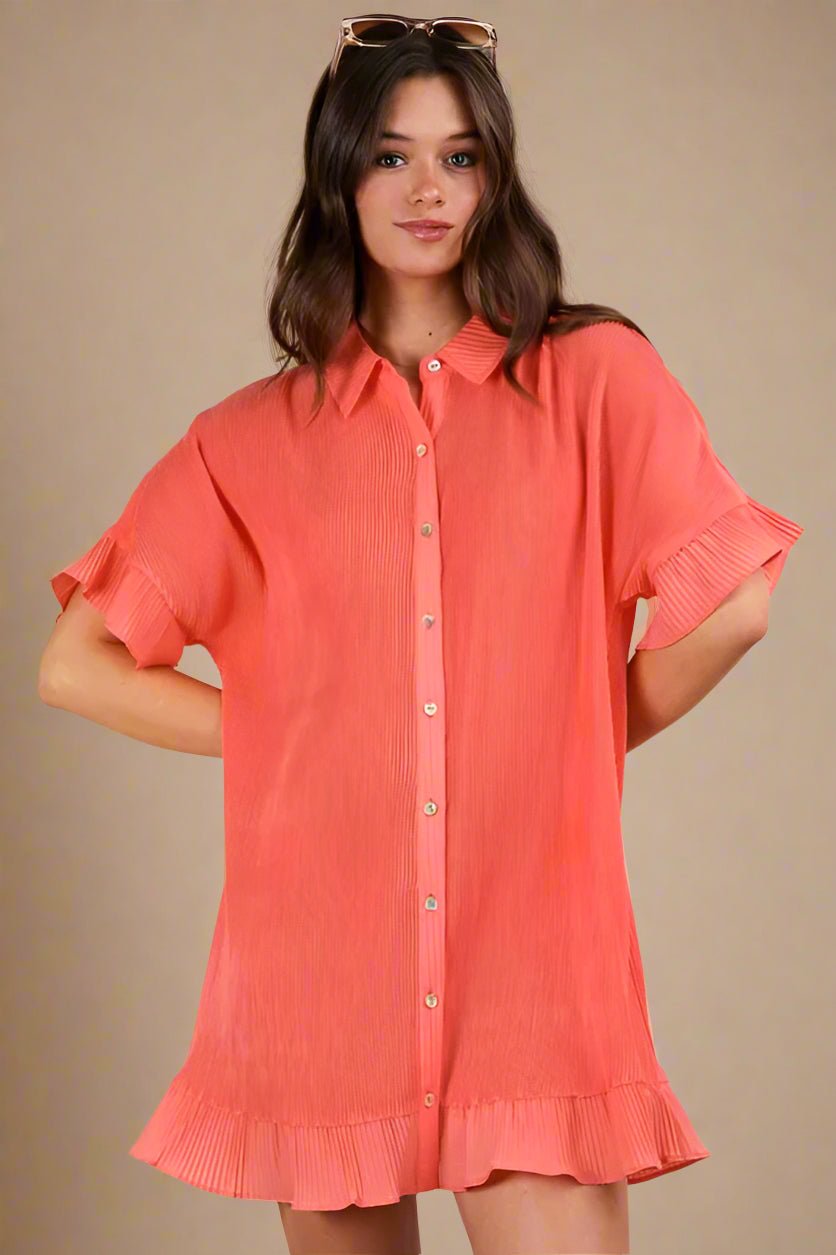 Very J - Coral Pleated Button - Down Ruffle Hem Mini Dress