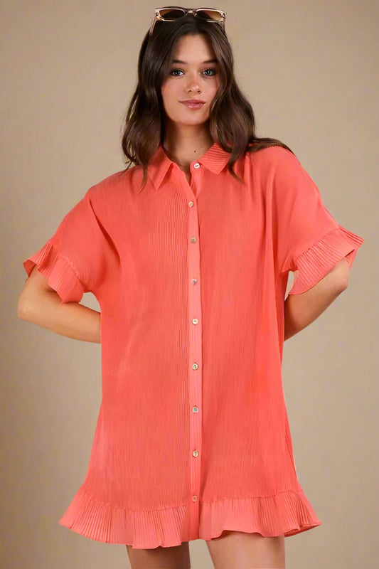 Very J - Coral Pleated Button - Down Ruffle Hem Mini Dress