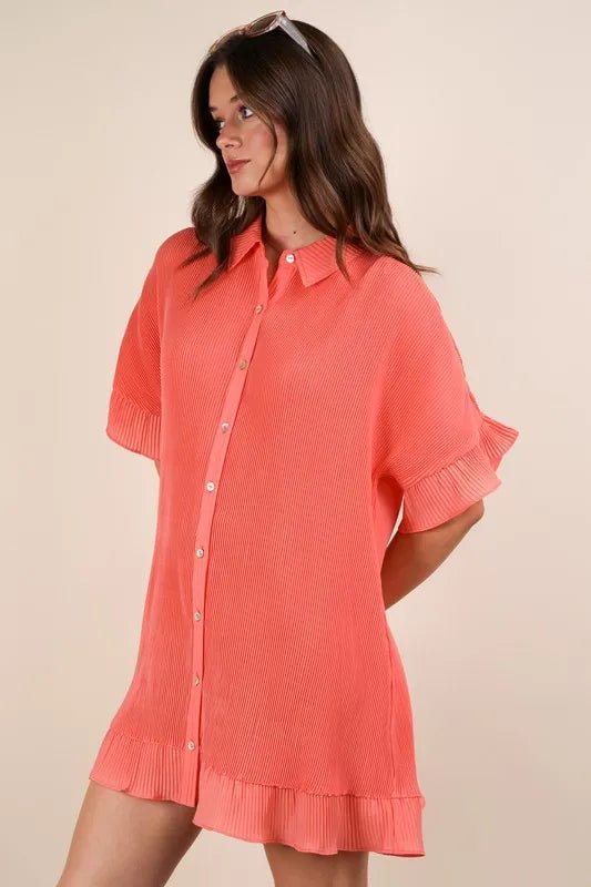 Very J - Coral Pleated Button - Down Ruffle Hem Mini Dress