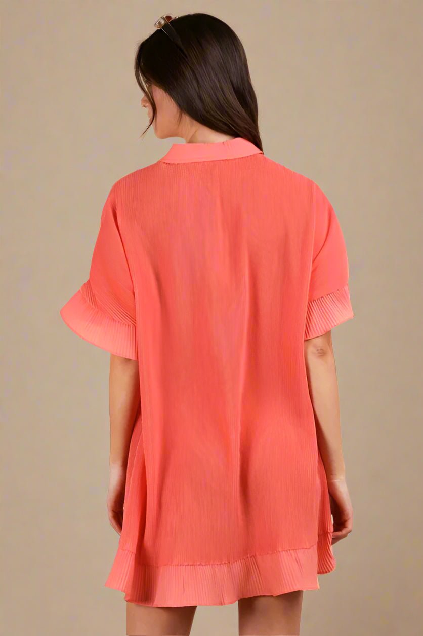 Very J - Coral Pleated Button - Down Ruffle Hem Mini Dress