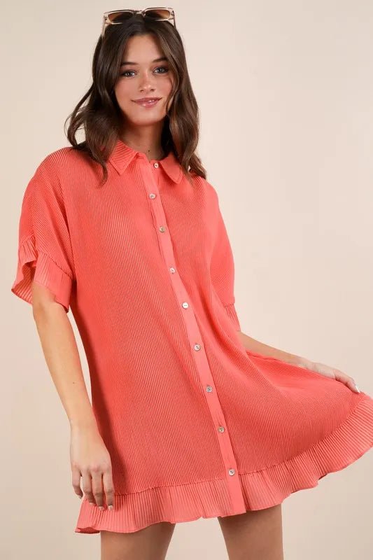 Very J - Coral Pleated Button - Down Ruffle Hem Mini Dress