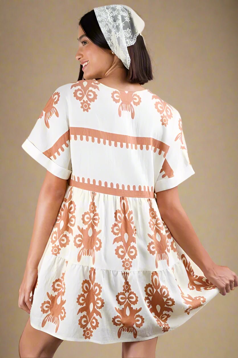 Very J - Cream & Clay Boho Print Mini Dress