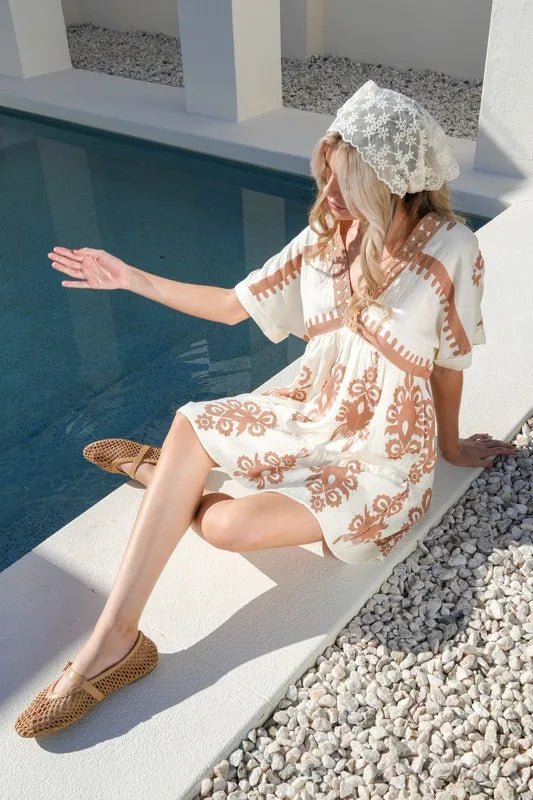 Very J - Cream & Clay Boho Print Mini Dress