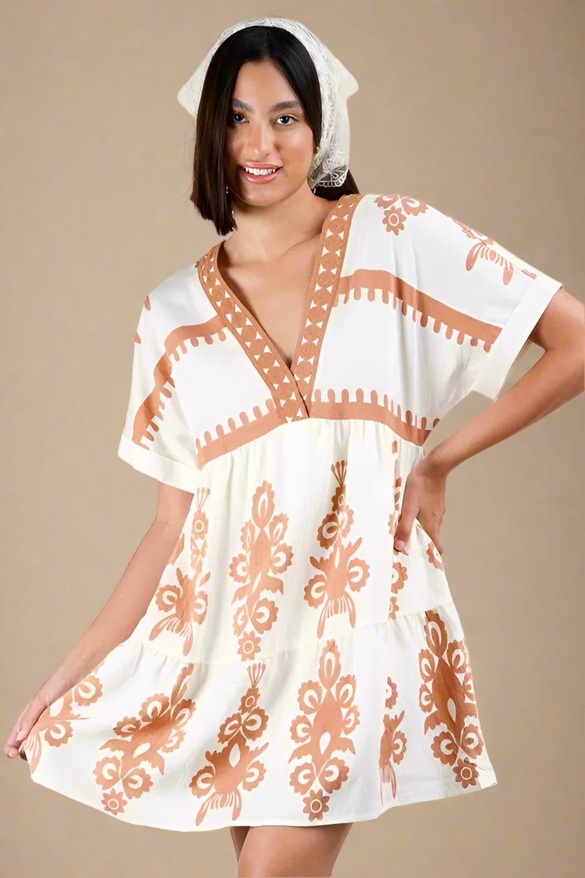 Very J - Cream & Clay Boho Print Mini Dress