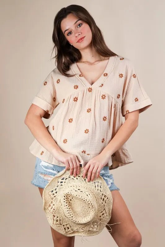 Very J - Cream Daisy Embroidered Gauze Top