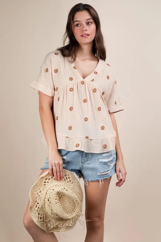 Very J - Cream Daisy Embroidered Gauze Top
