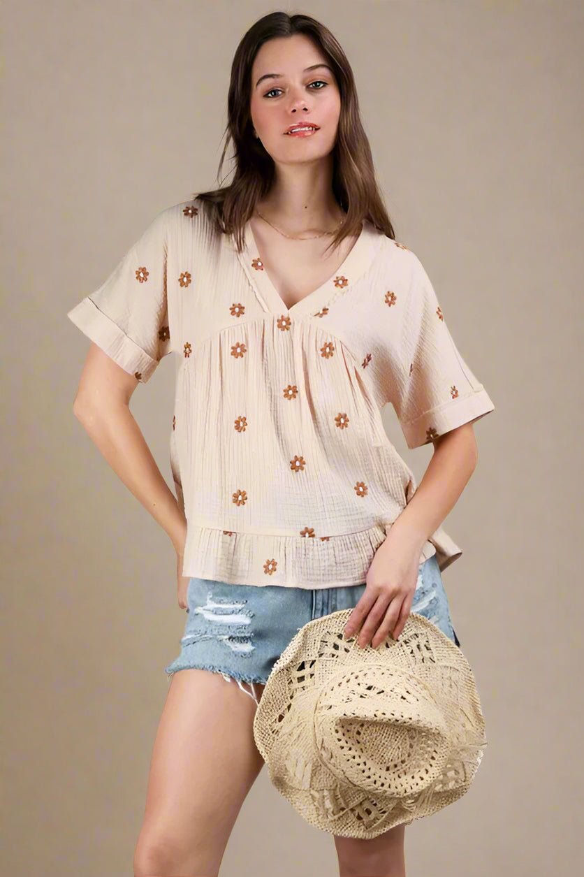 Very J - Cream Daisy Embroidered Gauze Top