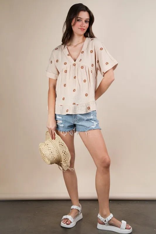 Very J - Cream Daisy Embroidered Gauze Top