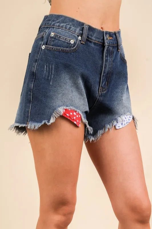 Very J - Dark Wash Denim Flag Shorts