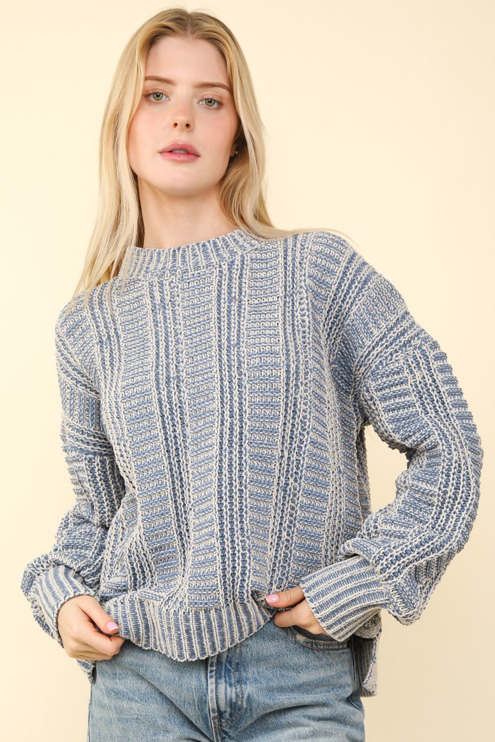 Very J - Denim Blue Two Tone Long Sleeve Sweater