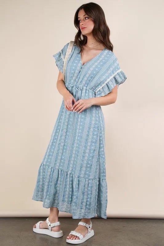 Very J - Dusty Blue Boho Ruffle Sleeve Midi Dress