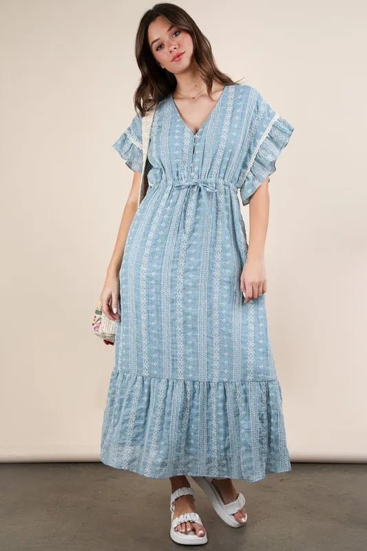 Very J - Dusty Blue Boho Ruffle Sleeve Midi Dress