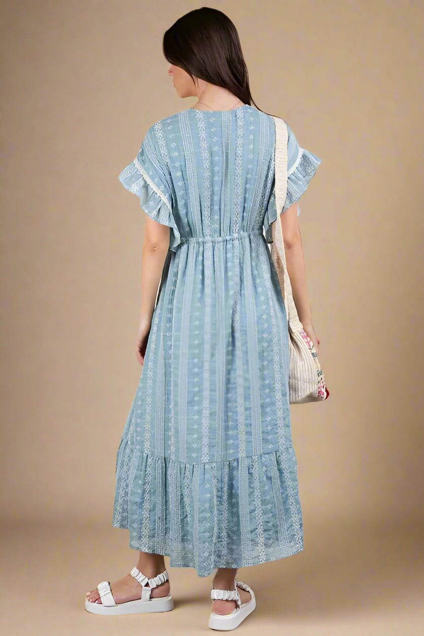 Very J - Dusty Blue Boho Ruffle Sleeve Midi Dress