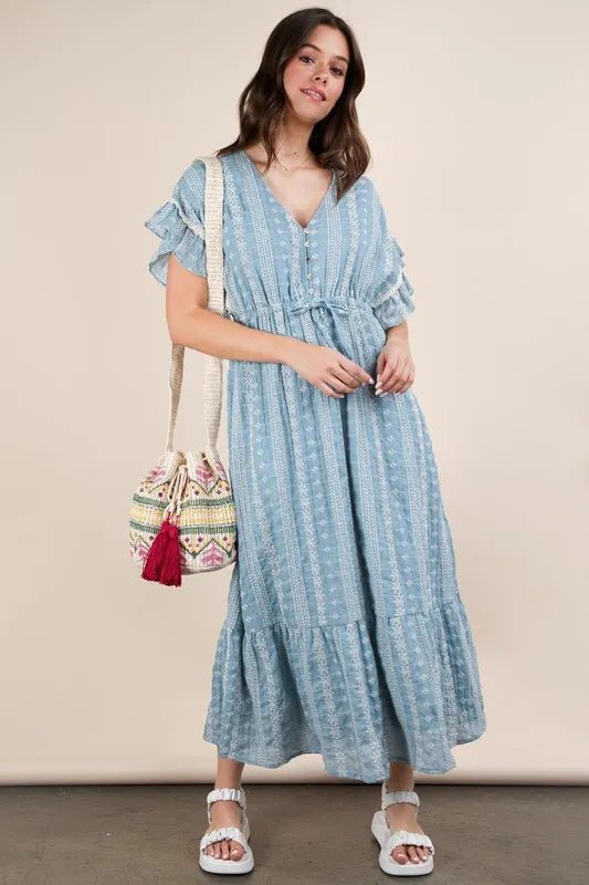 Very J - Dusty Blue Boho Ruffle Sleeve Midi Dress