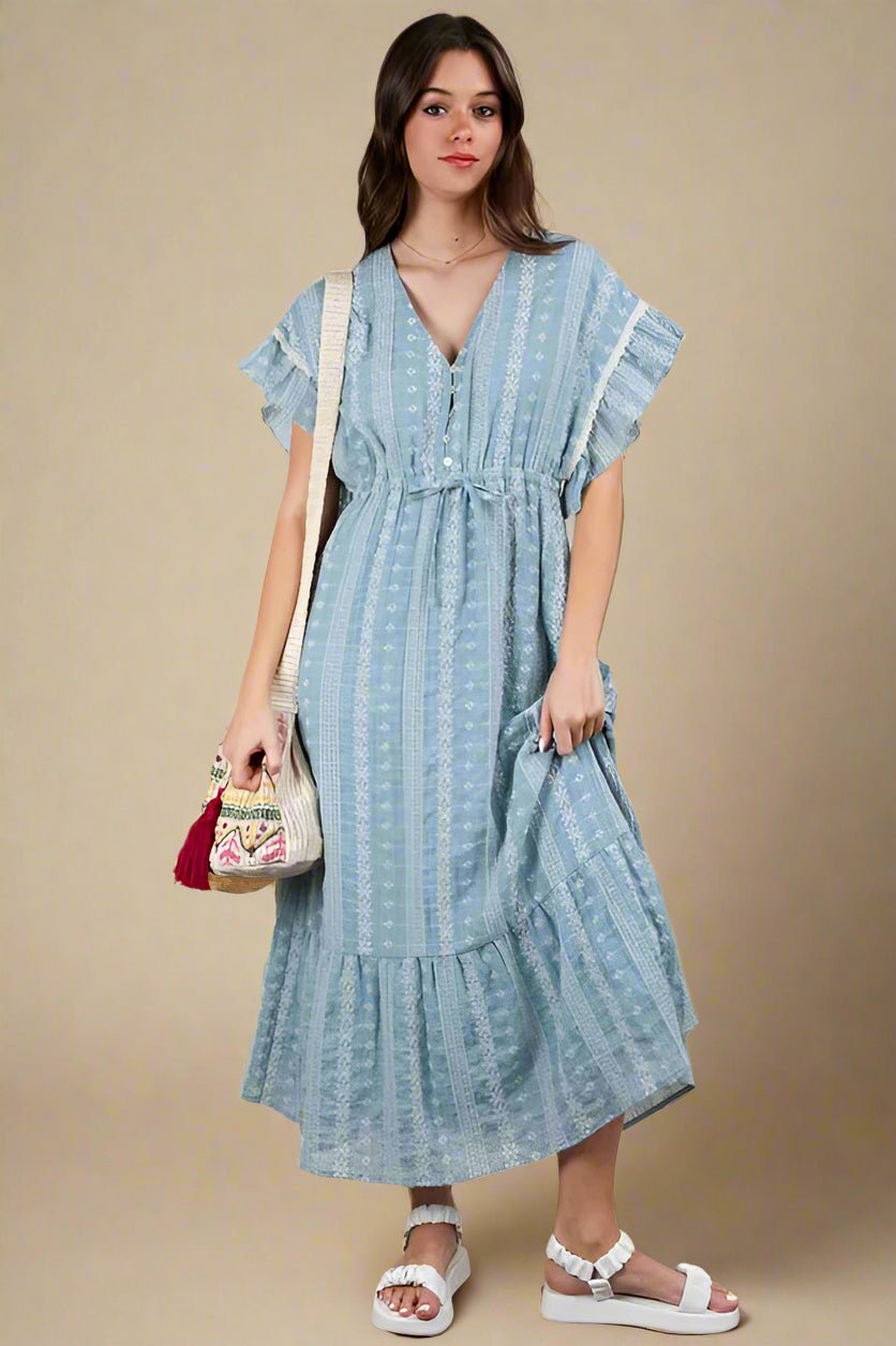 Very J - Dusty Blue Boho Ruffle Sleeve Midi Dress