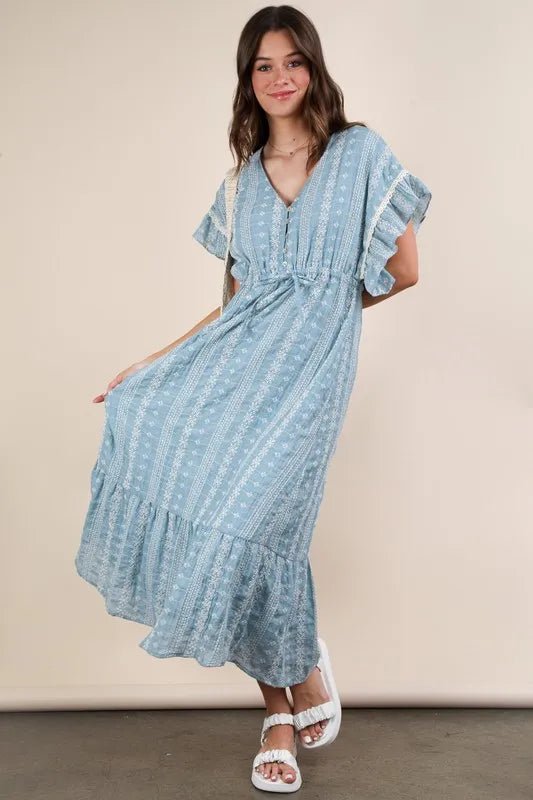 Very J - Dusty Blue Boho Ruffle Sleeve Midi Dress