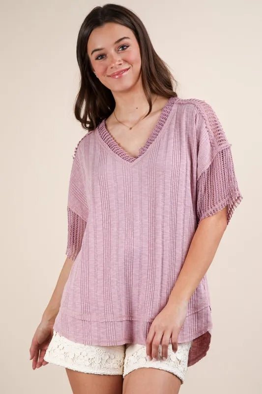 Very J - Dusty Lavender Knit V - Neck Top with Sheer Mesh Sleeves
