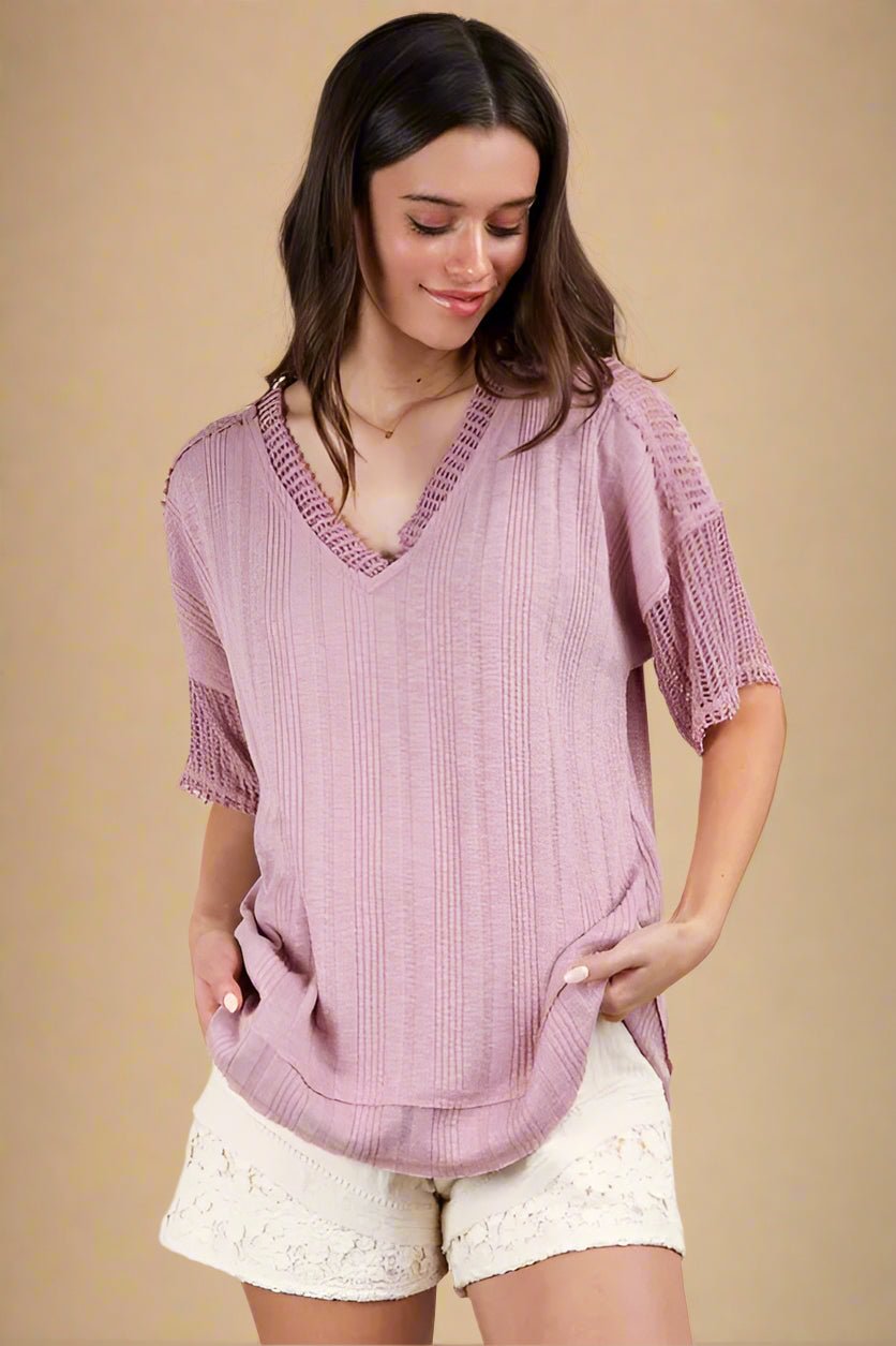 Very J - Dusty Lavender Knit V - Neck Top with Sheer Mesh Sleeves