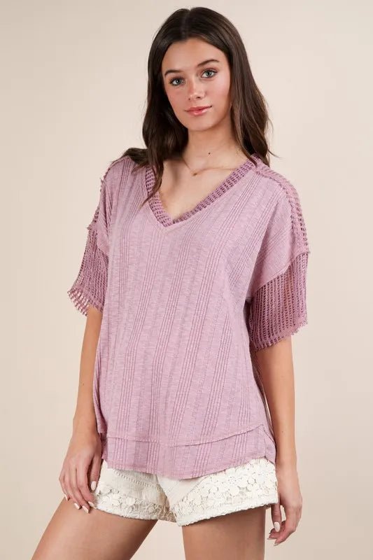 Very J - Dusty Lavender Knit V - Neck Top with Sheer Mesh Sleeves