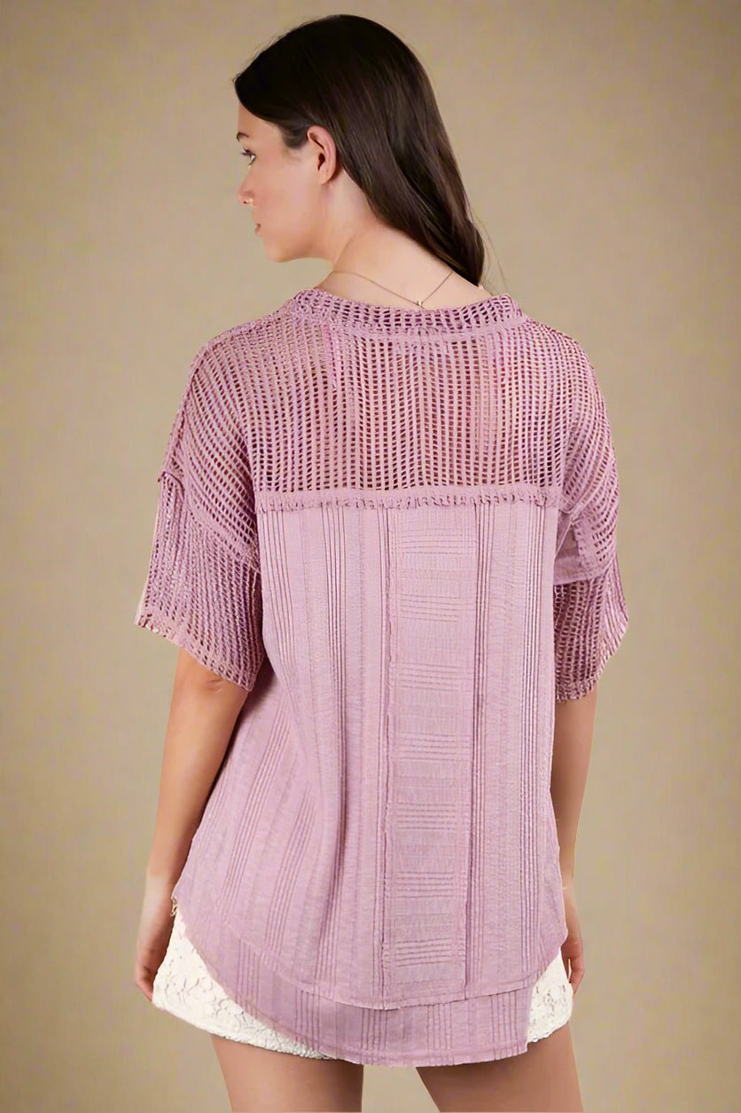 Very J - Dusty Lavender Knit V - Neck Top with Sheer Mesh Sleeves