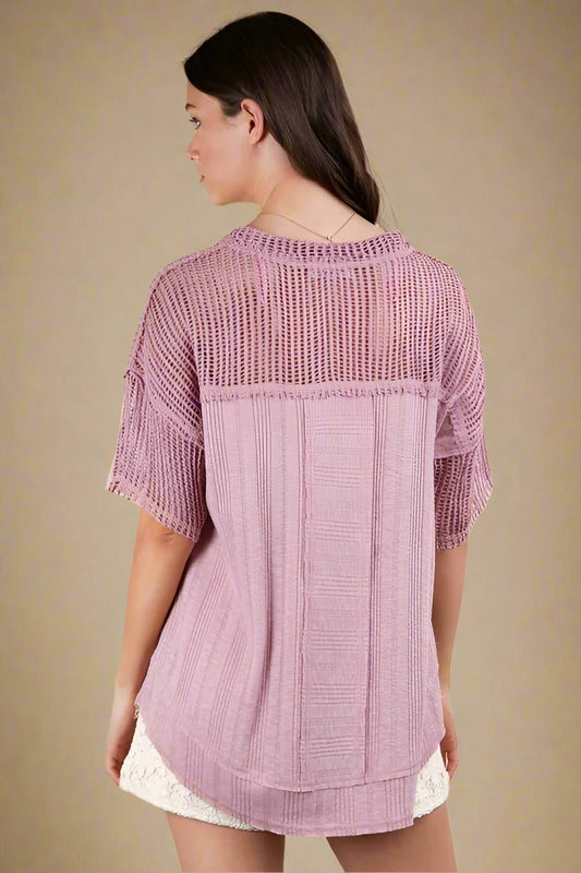 Very J - Dusty Lavender Knit V - Neck Top with Sheer Mesh Sleeves