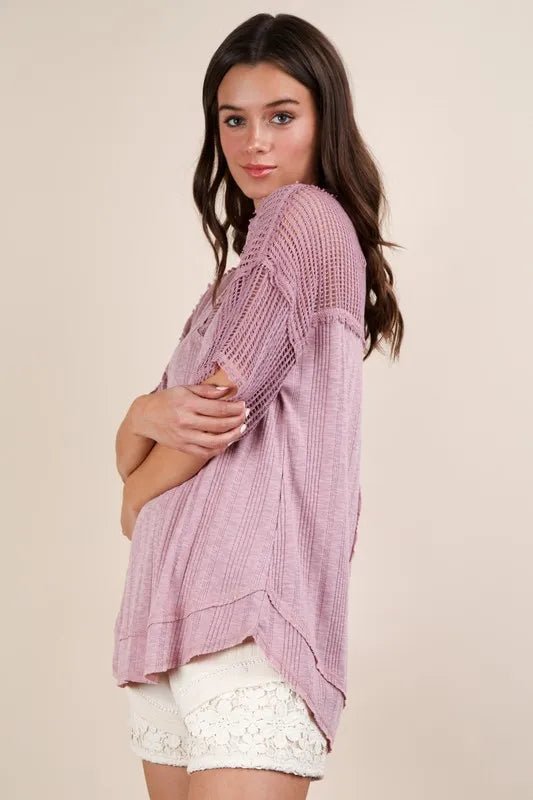 Very J - Dusty Lavender Knit V - Neck Top with Sheer Mesh Sleeves