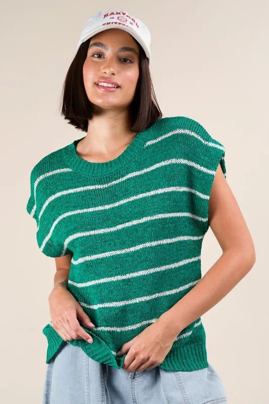 Very J - Emerald & White Striped Knit Cap Sleeve Sweater