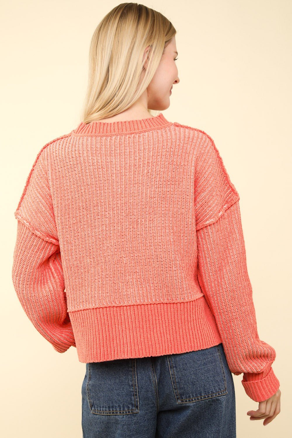 Very J - Exposed Seams Cropped Striped Sweater in Coral