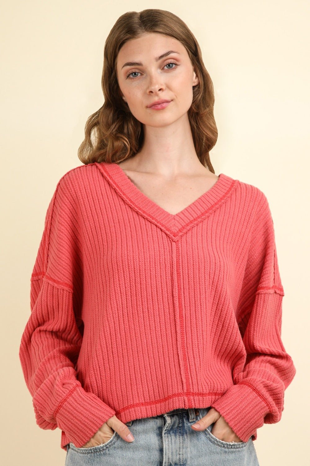 Very J - Exposed Seams V - Neck Rib Knit Top in Coral