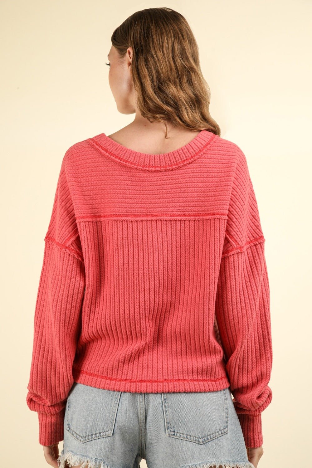 Very J - Exposed Seams V - Neck Rib Knit Top in Coral