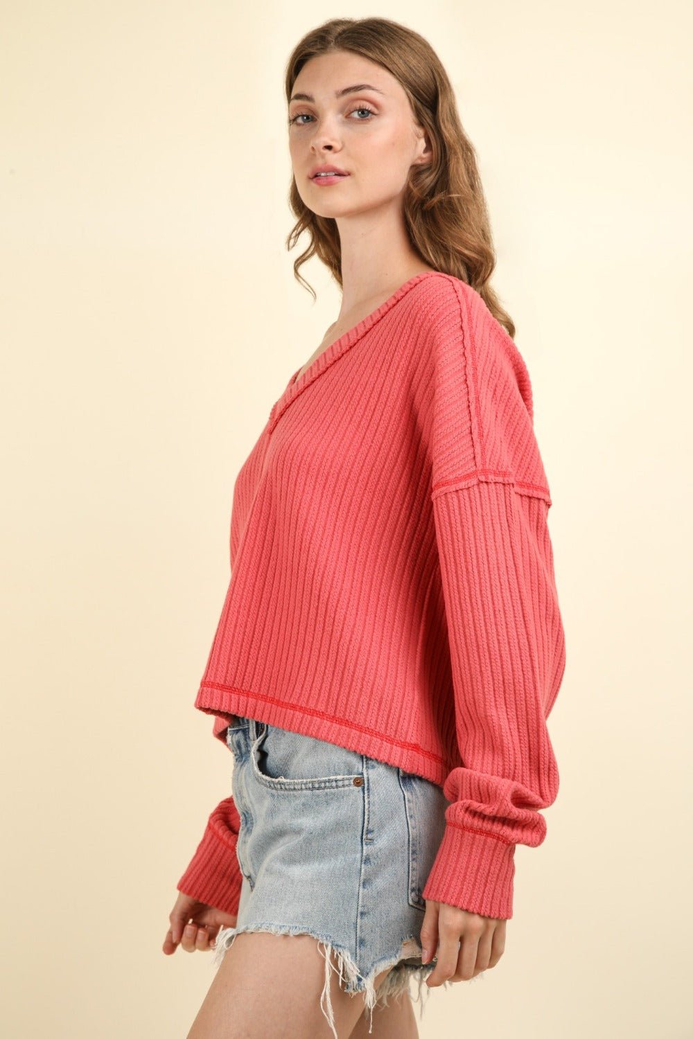 Very J - Exposed Seams V - Neck Rib Knit Top in Coral