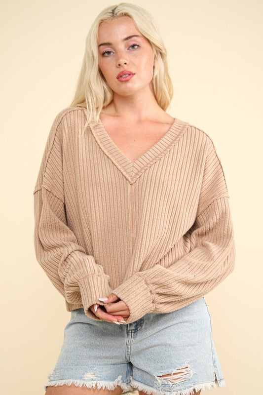 Very J - Exposed Seams V - Neck Rib Knit Top in Mocha