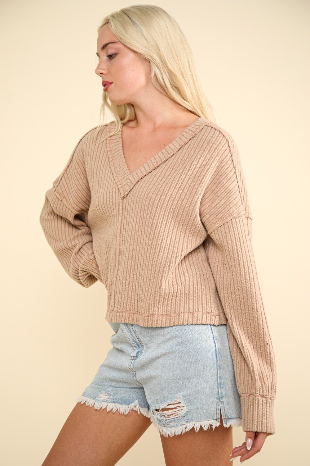 Very J - Exposed Seams V - Neck Rib Knit Top in Mocha