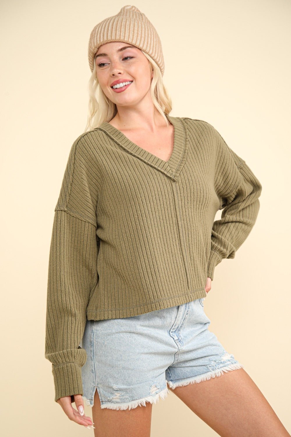 Very J - Exposed Seams V - Neck Rib Knit Top in Olive