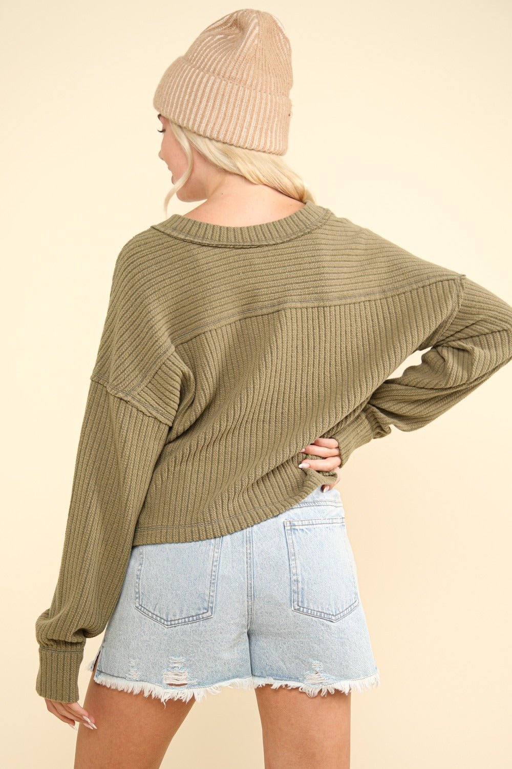 Very J - Exposed Seams V - Neck Rib Knit Top in Olive