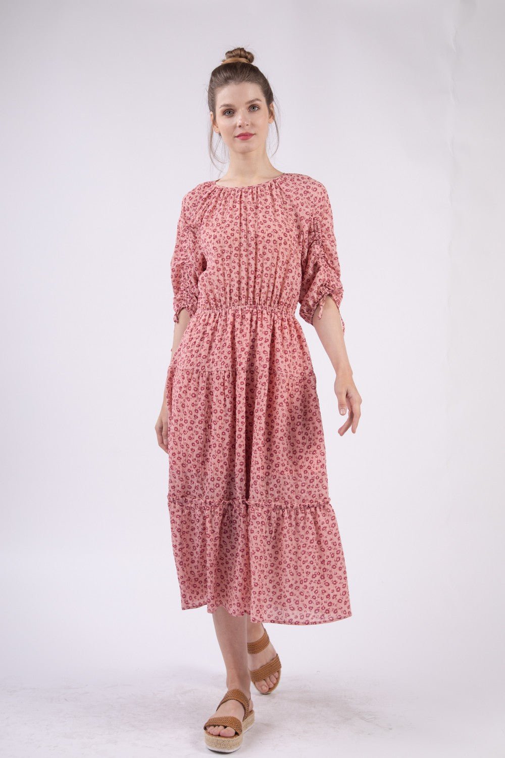 Very J - Floral Print Tiered Midi Dress in Blush