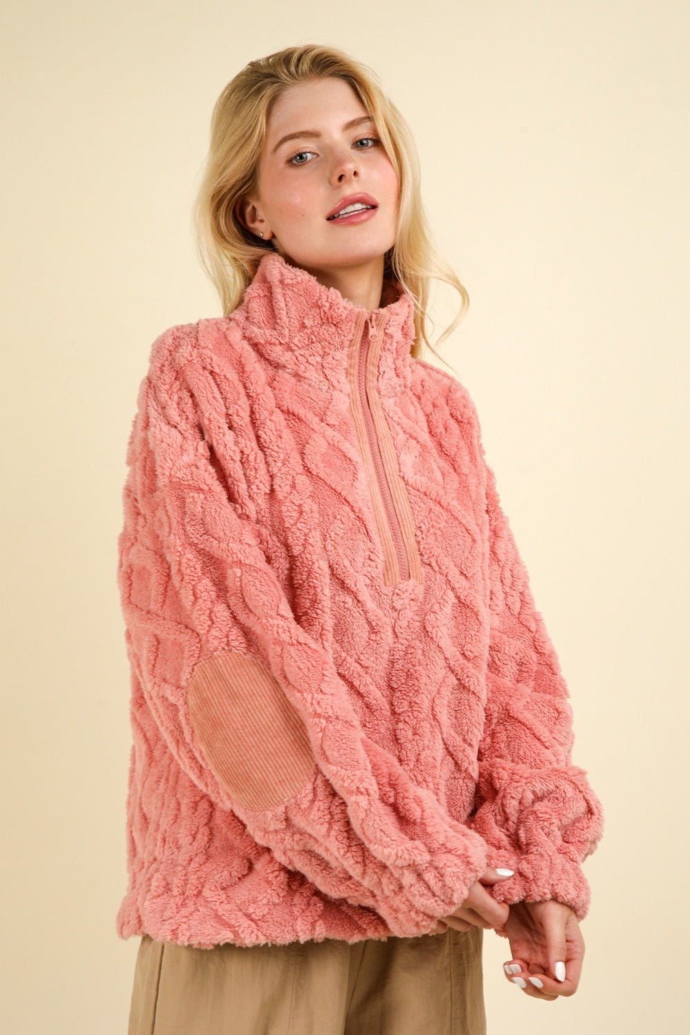 Very J - Fuzzy Fleece Half Zip Cable Pattern Sweatshirt in Blush