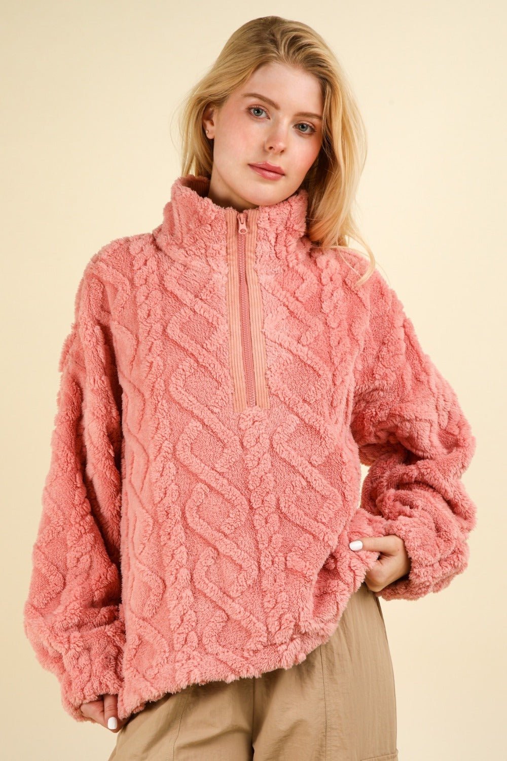 Very J - Fuzzy Fleece Half Zip Cable Pattern Sweatshirt in Blush