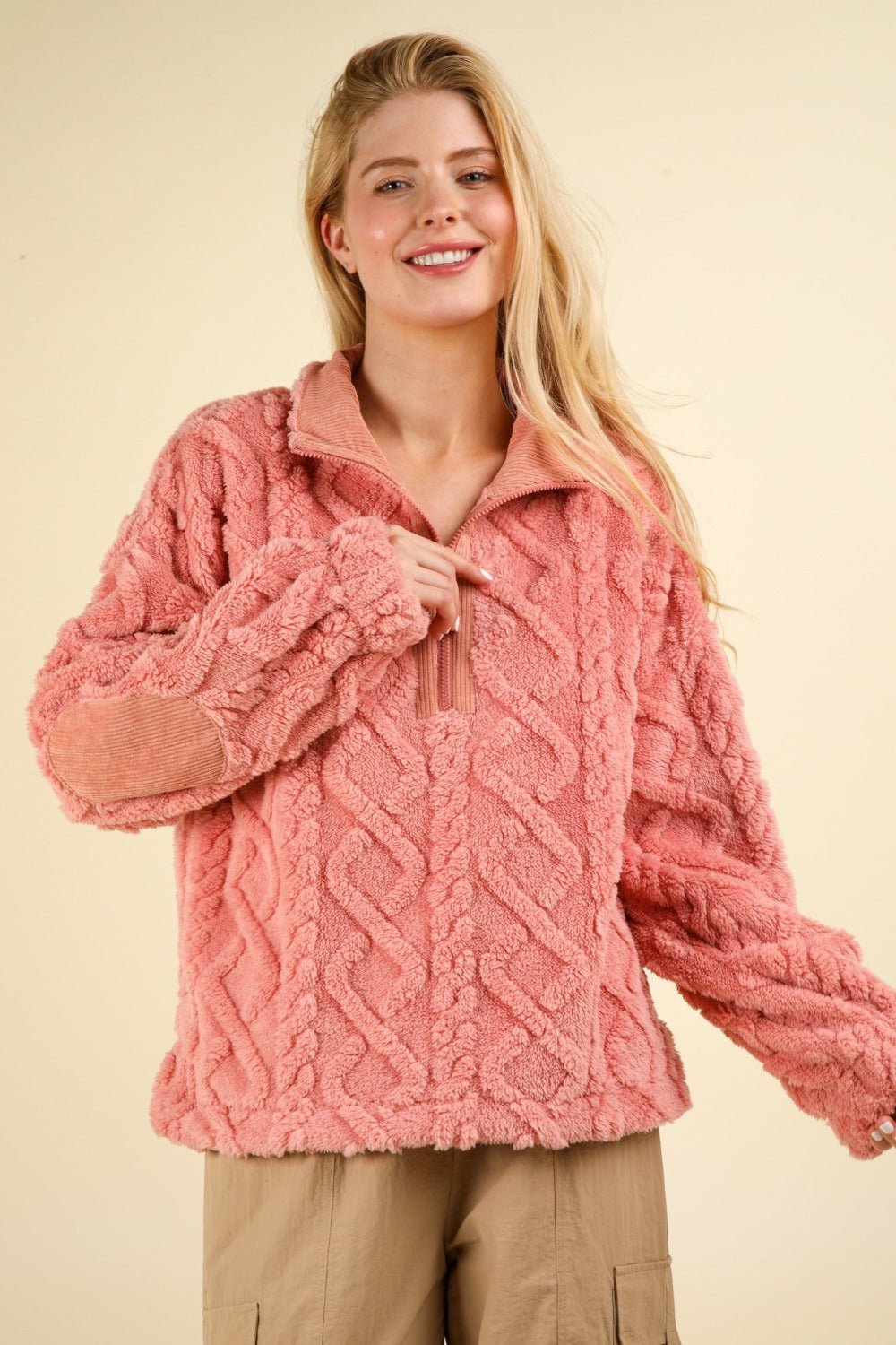 Very J - Fuzzy Fleece Half Zip Cable Pattern Sweatshirt in Blush