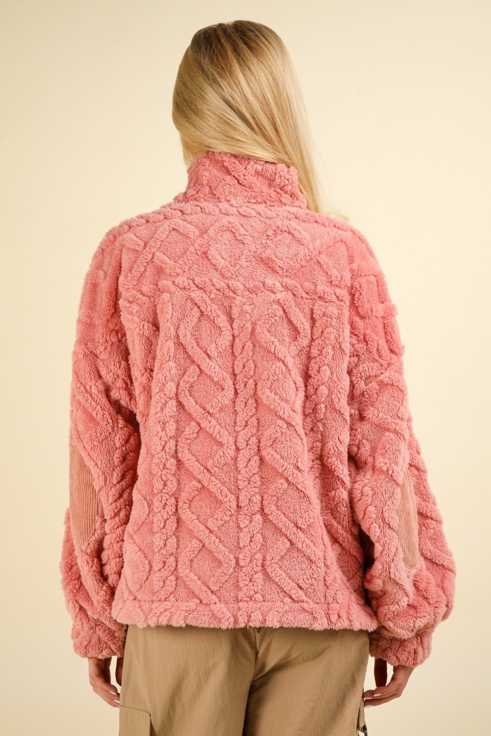 Very J - Fuzzy Fleece Half Zip Cable Pattern Sweatshirt in Blush